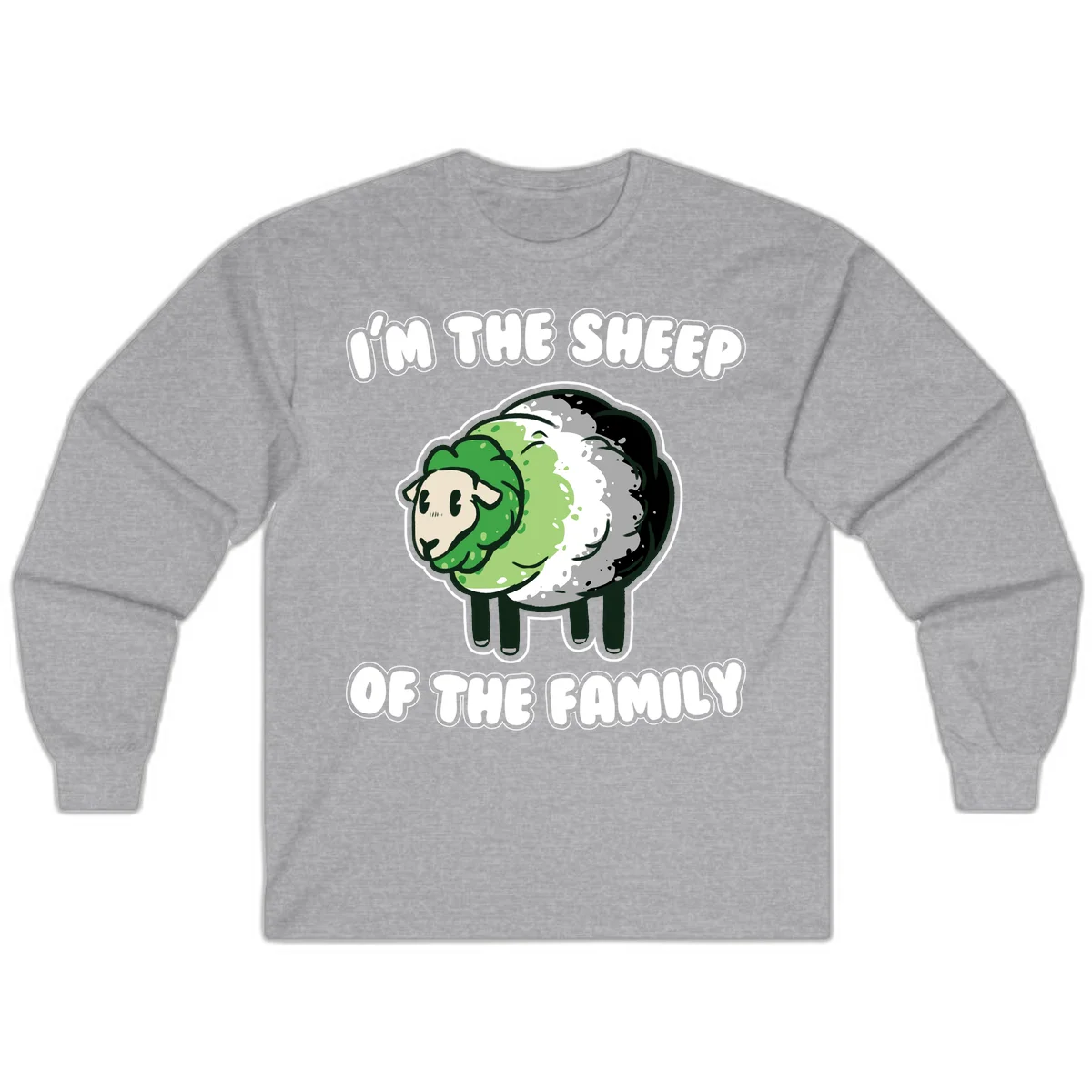 Cartoon sheep with fluffy multi-colored wool and cute face, with text reading 'I'm the sheep of the family' in Sport Grey
