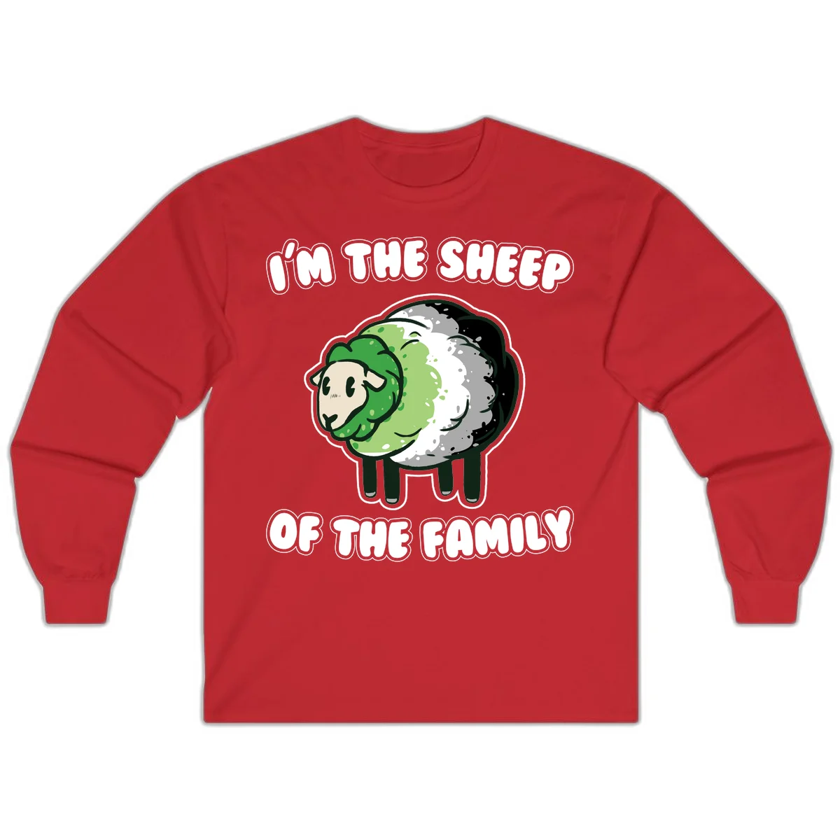 Cartoon sheep with fluffy multi-colored wool and cute face, with text reading 'I'm the sheep of the family' in Red