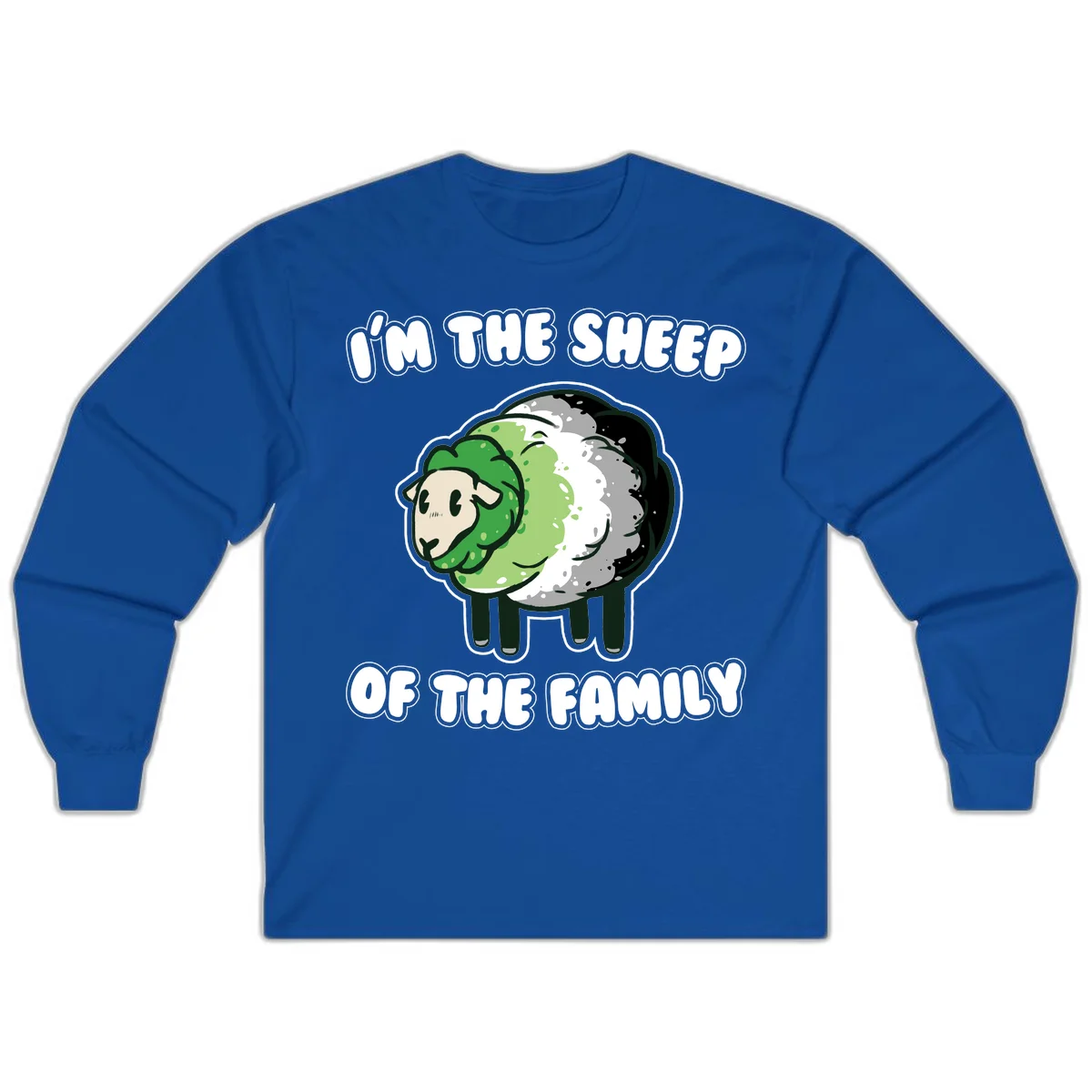 Cartoon sheep with fluffy multi-colored wool and cute face, with text reading 'I'm the sheep of the family' in Royal
