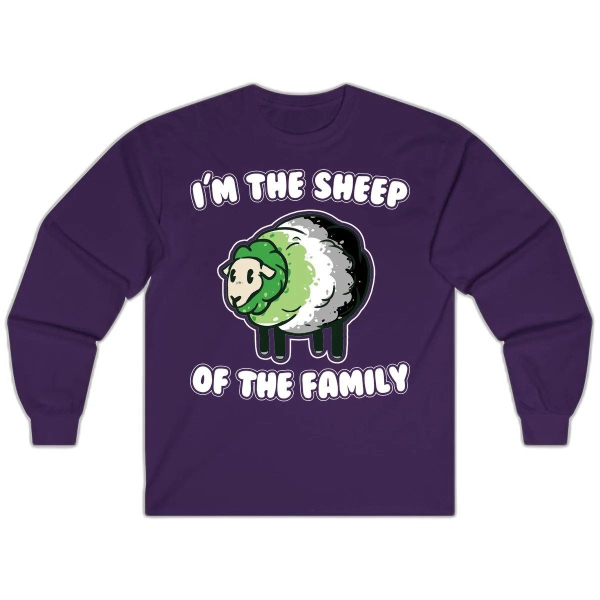 Cartoon sheep with fluffy multi-colored wool and cute face, with text reading 'I'm the sheep of the family' in Purple