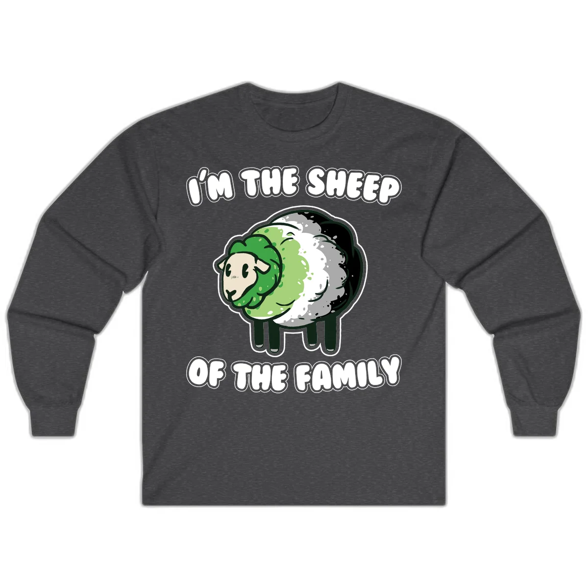Cartoon sheep with fluffy multi-colored wool and cute face, with text reading 'I'm the sheep of the family' in Dark Heather