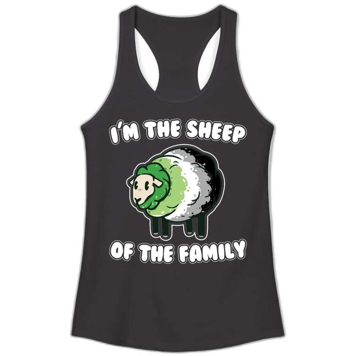 Cartoon sheep with fluffy multi-colored wool and cute face, with text reading 'I'm the sheep of the family' in Black