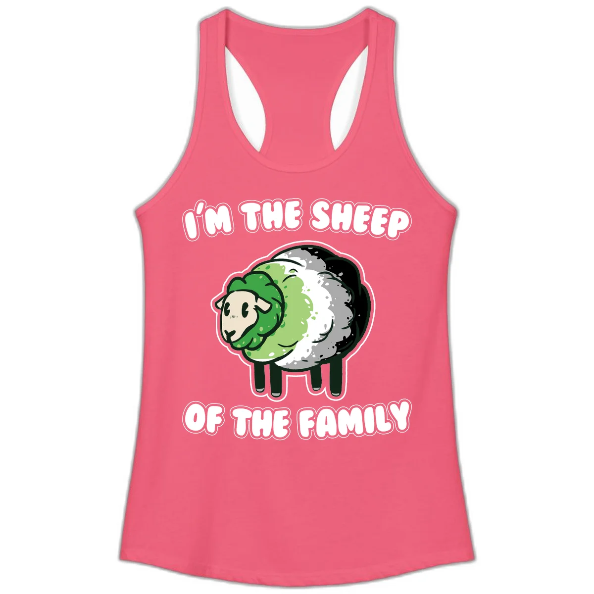 Cartoon sheep with fluffy multi-colored wool and cute face, with text reading 'I'm the sheep of the family' in Hot Pink