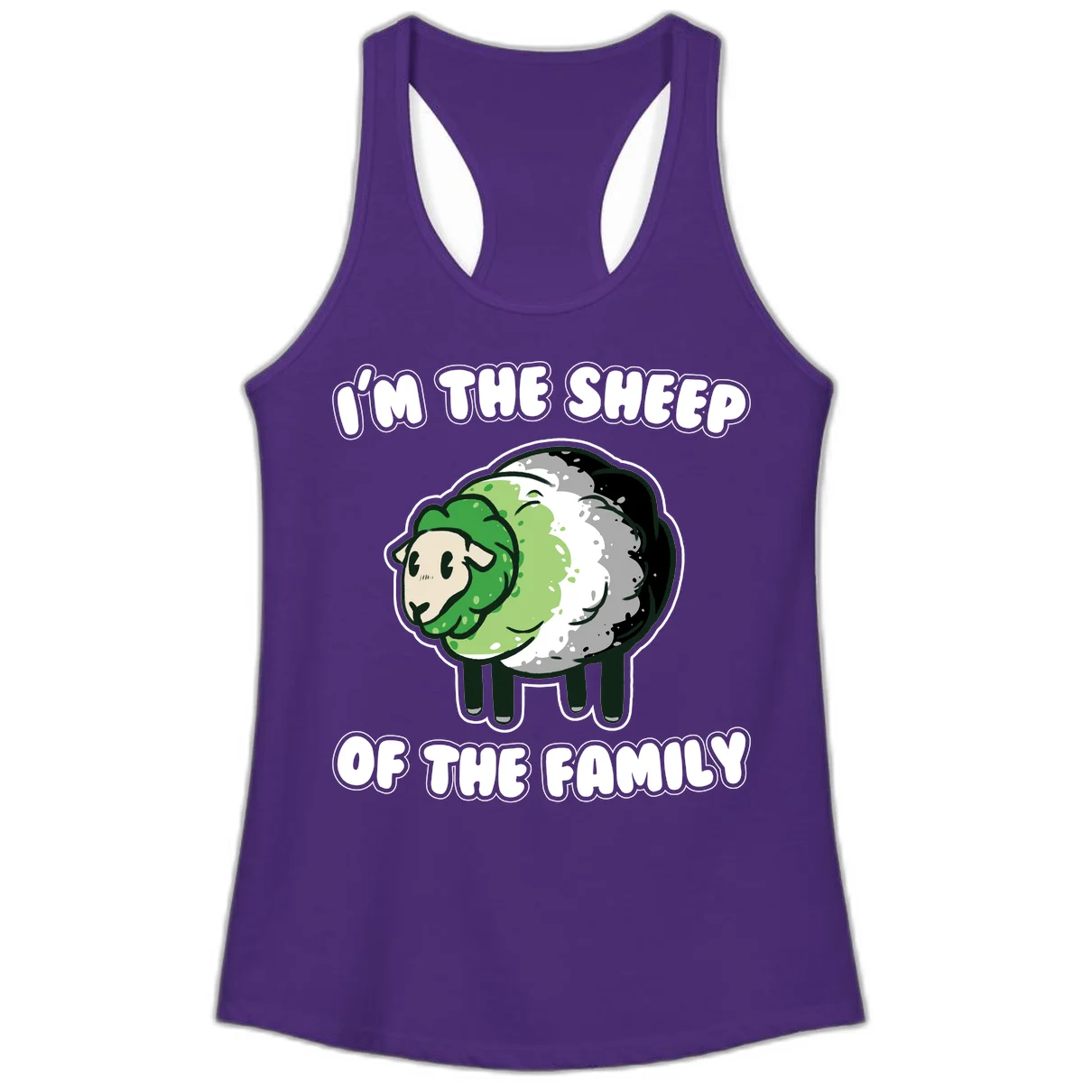 Cartoon sheep with fluffy multi-colored wool and cute face, with text reading 'I'm the sheep of the family' in Solid Purple Rush