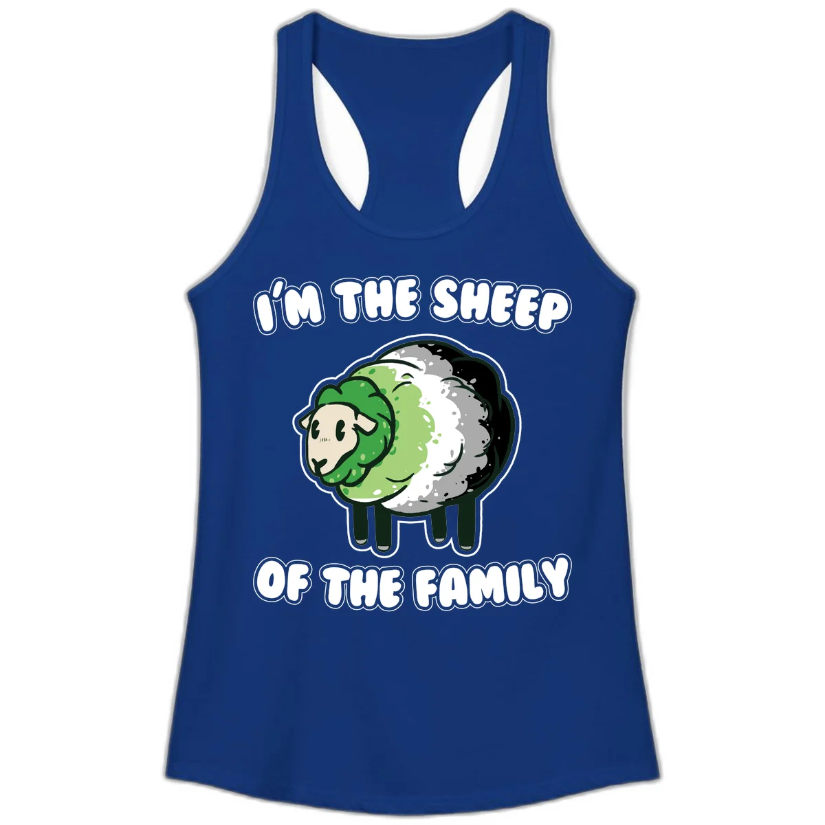 Cartoon sheep with fluffy multi-colored wool and cute face, with text reading 'I'm the sheep of the family' in Solid Royal