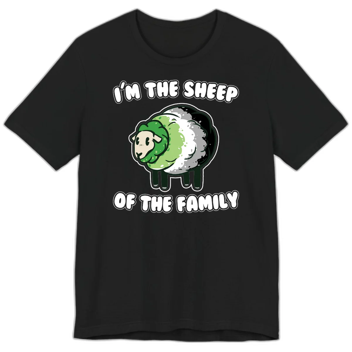 Cartoon sheep with fluffy multi-colored wool and cute face, with text reading 'I'm the sheep of the family' in Black