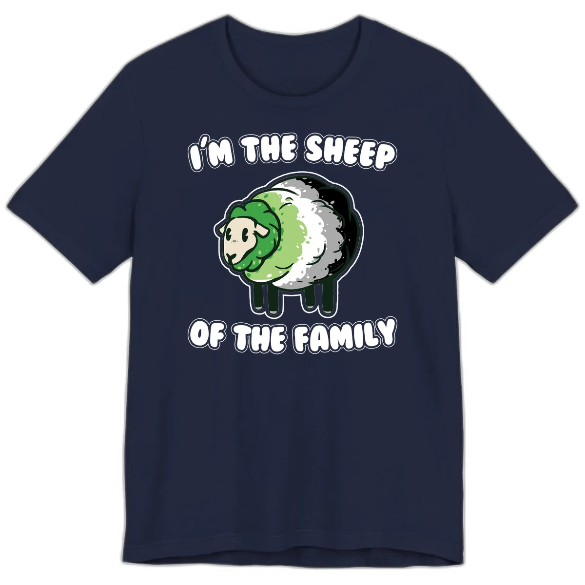 Cartoon sheep with fluffy multi-colored wool and cute face, with text reading 'I'm the sheep of the family' in Navy
