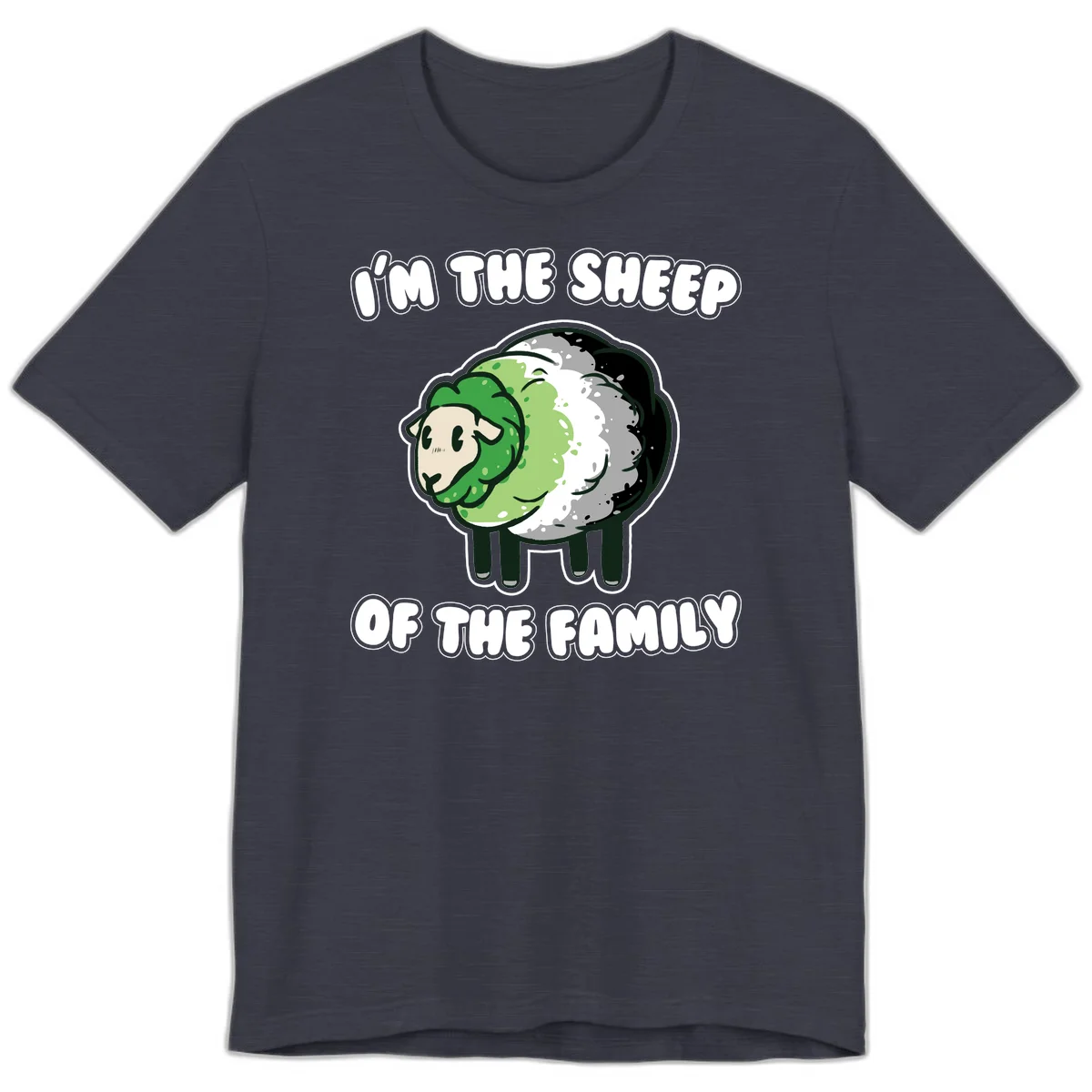 Cartoon sheep with fluffy multi-colored wool and cute face, with text reading 'I'm the sheep of the family' in Heather Midnight Navy