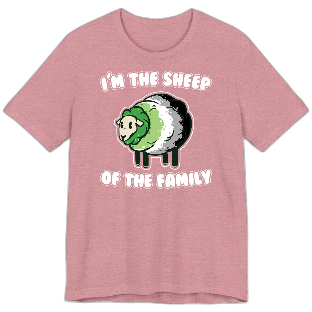 Cartoon sheep with fluffy multi-colored wool and cute face, with text reading 'I'm the sheep of the family' in Heather Orchid