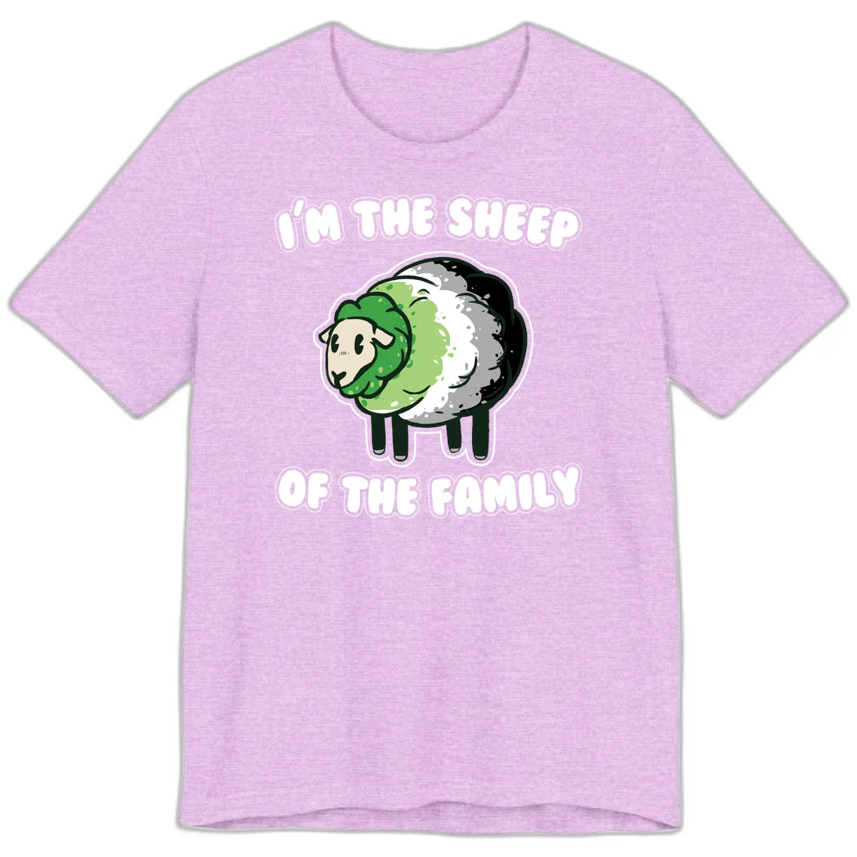 Cartoon sheep with fluffy multi-colored wool and cute face, with text reading 'I'm the sheep of the family' in Heather Prism Lilac