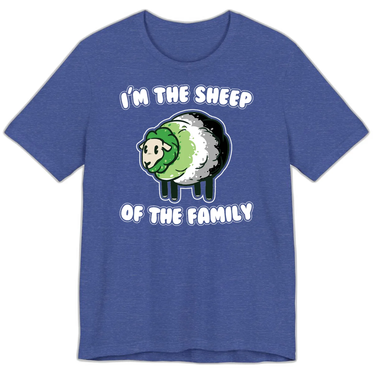 Cartoon sheep with fluffy multi-colored wool and cute face, with text reading 'I'm the sheep of the family' in Heather True Royal