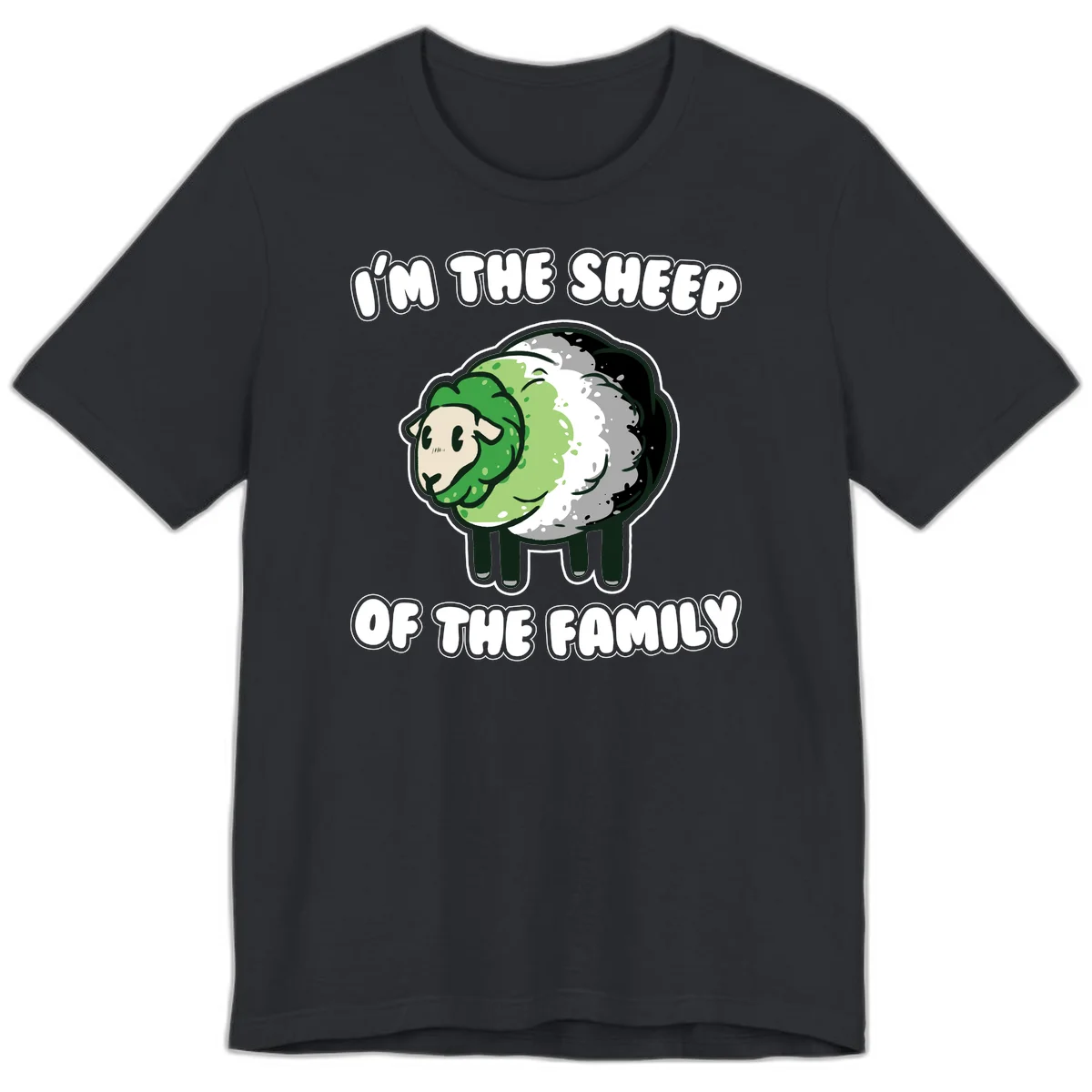 Cartoon sheep with fluffy multi-colored wool and cute face, with text reading 'I'm the sheep of the family' in Vintage Black