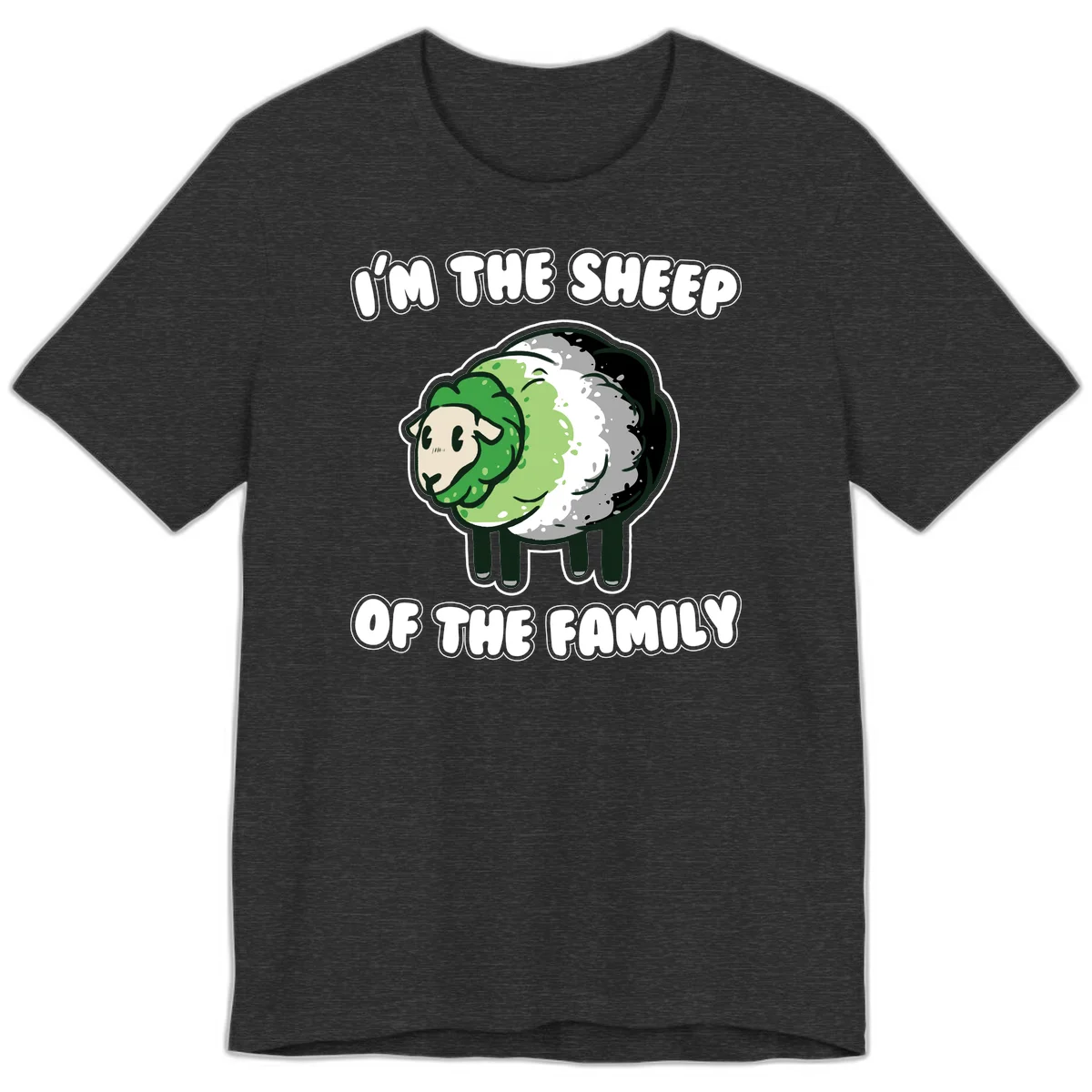 Cartoon sheep with fluffy multi-colored wool and cute face, with text reading 'I'm the sheep of the family' in Dark Grey Heather