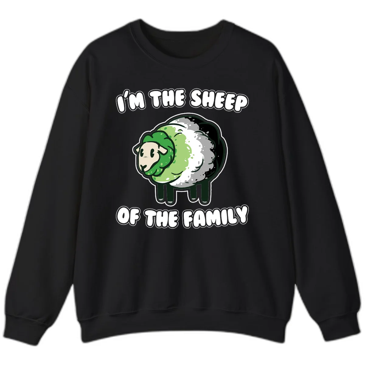 Cartoon sheep with fluffy multi-colored wool and cute face, with text reading 'I'm the sheep of the family' in Black