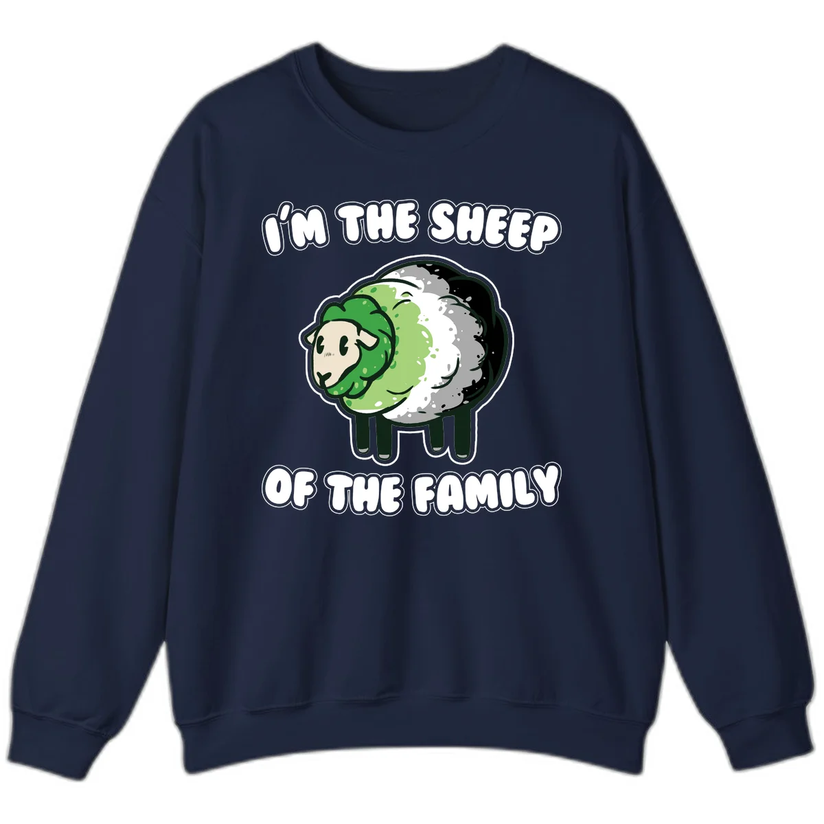 Cartoon sheep with fluffy multi-colored wool and cute face, with text reading 'I'm the sheep of the family' in Navy