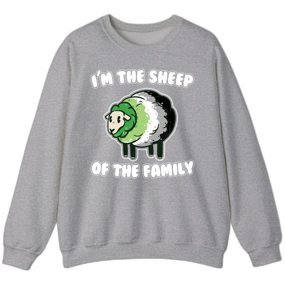 Cartoon sheep with fluffy multi-colored wool and cute face, with text reading 'I'm the sheep of the family' in Sport Grey