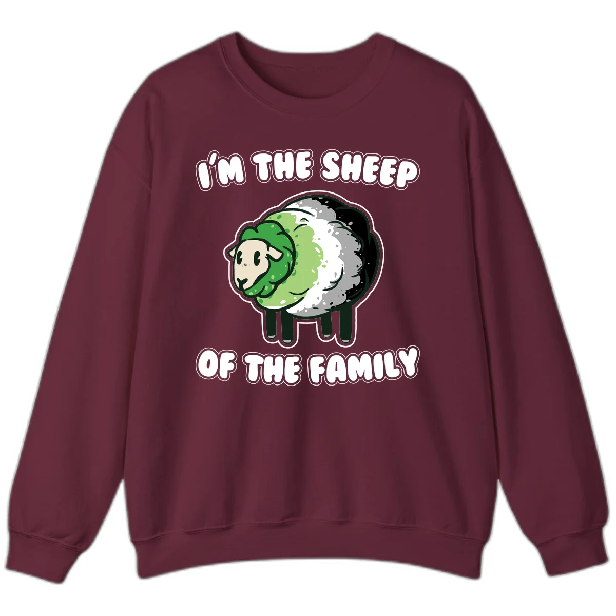 Cartoon sheep with fluffy multi-colored wool and cute face, with text reading 'I'm the sheep of the family' in Maroon