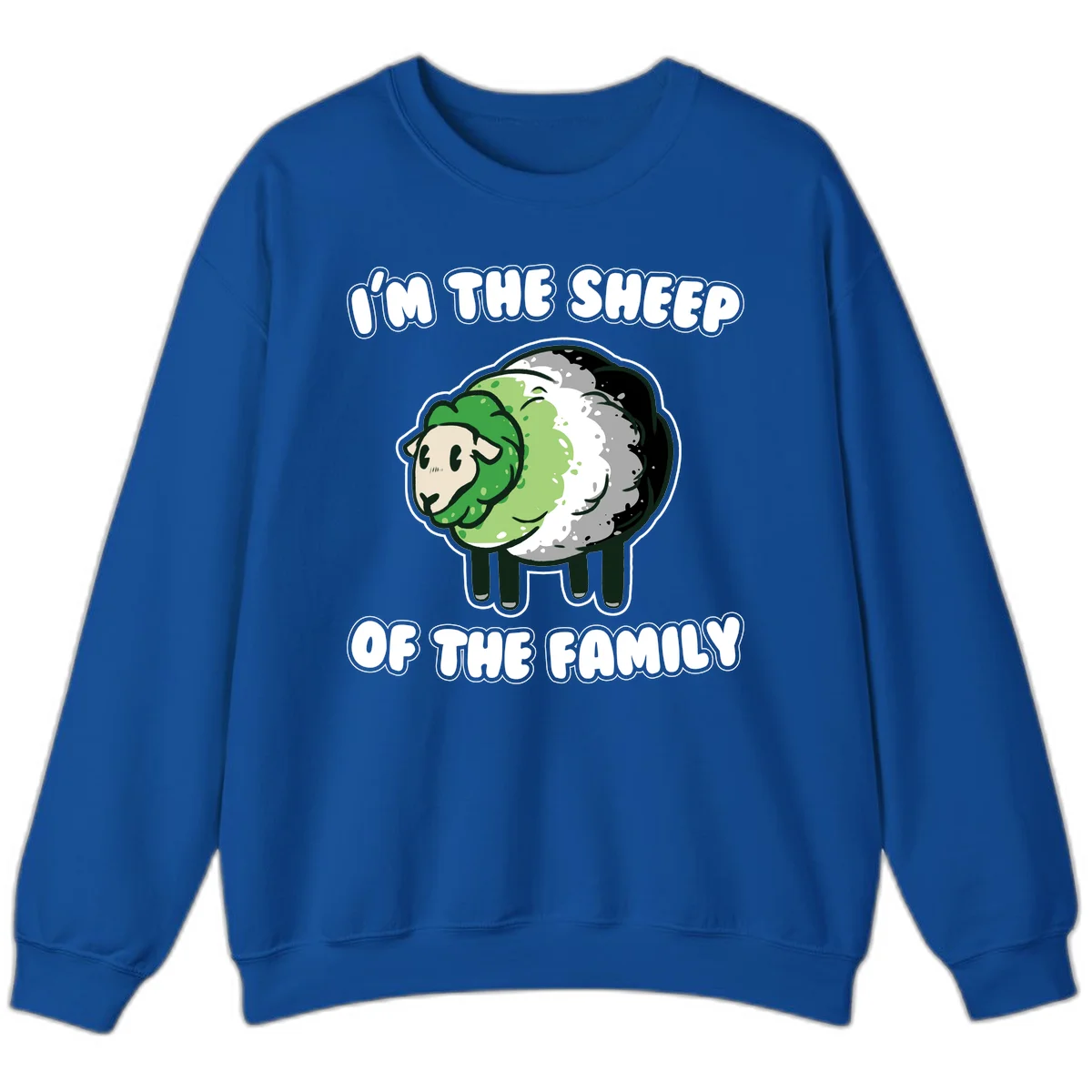 Cartoon sheep with fluffy multi-colored wool and cute face, with text reading 'I'm the sheep of the family' in Royal