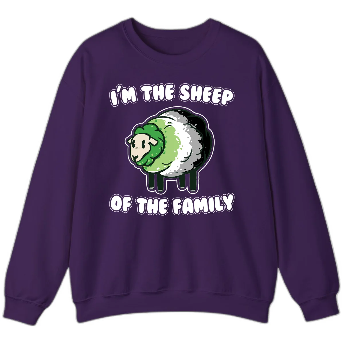 Cartoon sheep with fluffy multi-colored wool and cute face, with text reading 'I'm the sheep of the family' in Purple