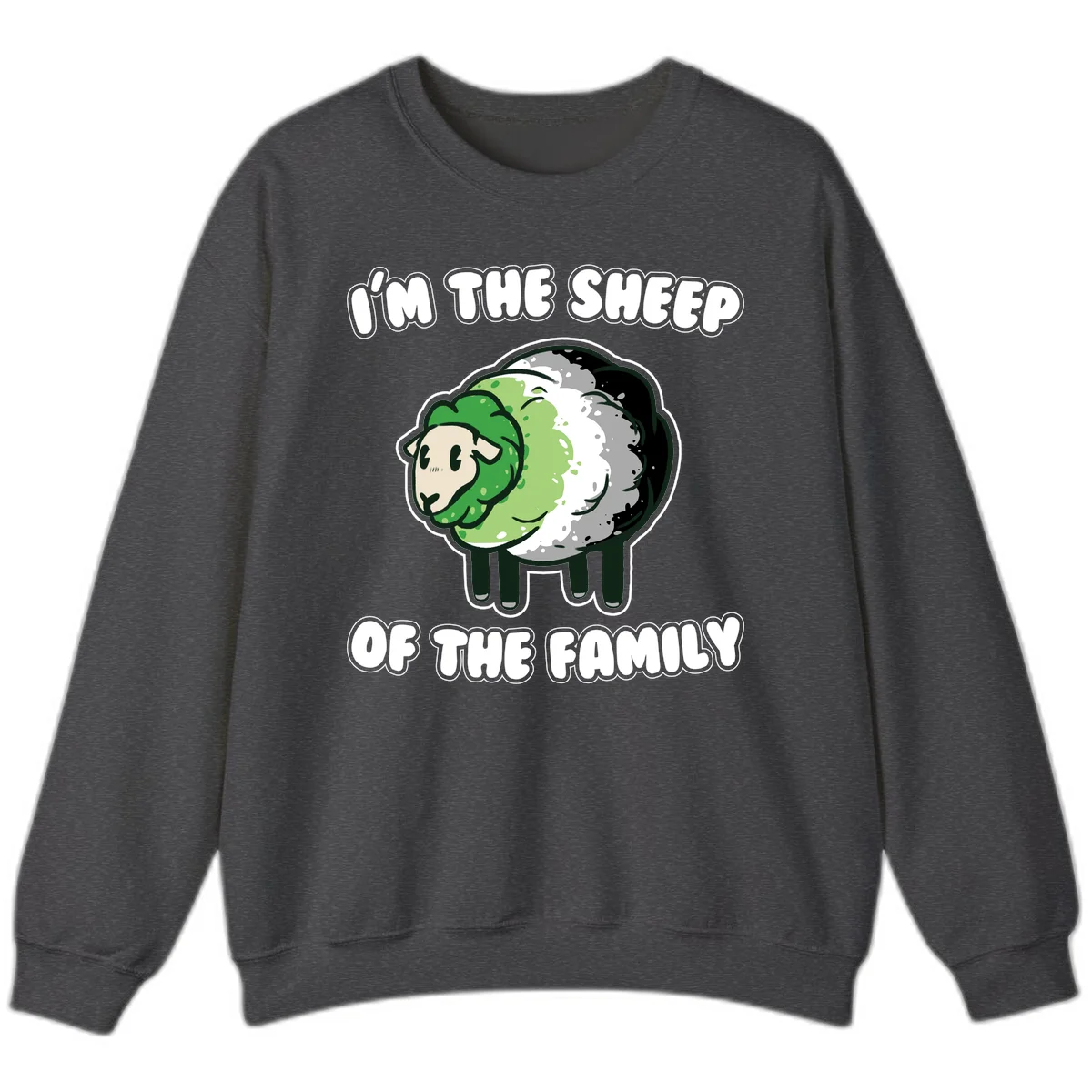 Cartoon sheep with fluffy multi-colored wool and cute face, with text reading 'I'm the sheep of the family' in Dark Heather