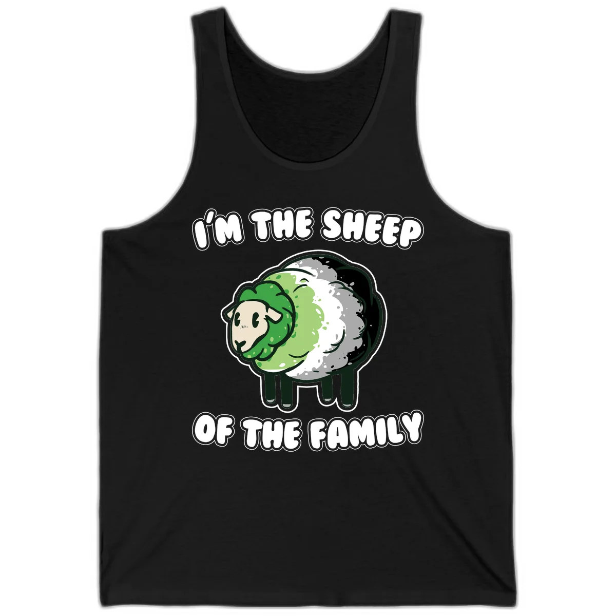 Cartoon sheep with fluffy multi-colored wool and cute face, with text reading 'I'm the sheep of the family' in Black