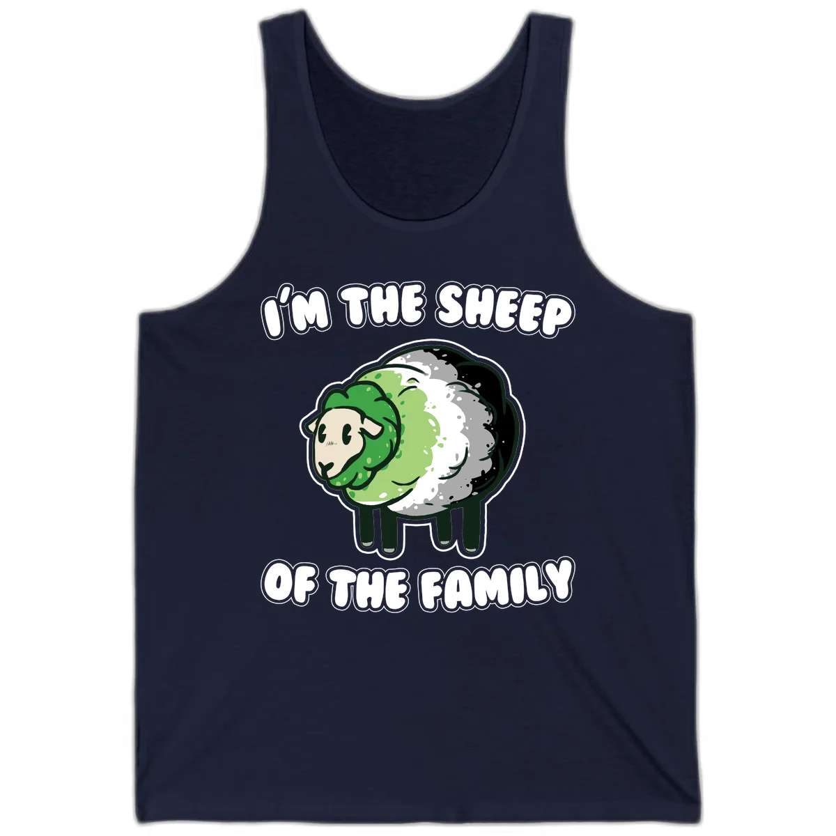 Cartoon sheep with fluffy multi-colored wool and cute face, with text reading 'I'm the sheep of the family' in Navy