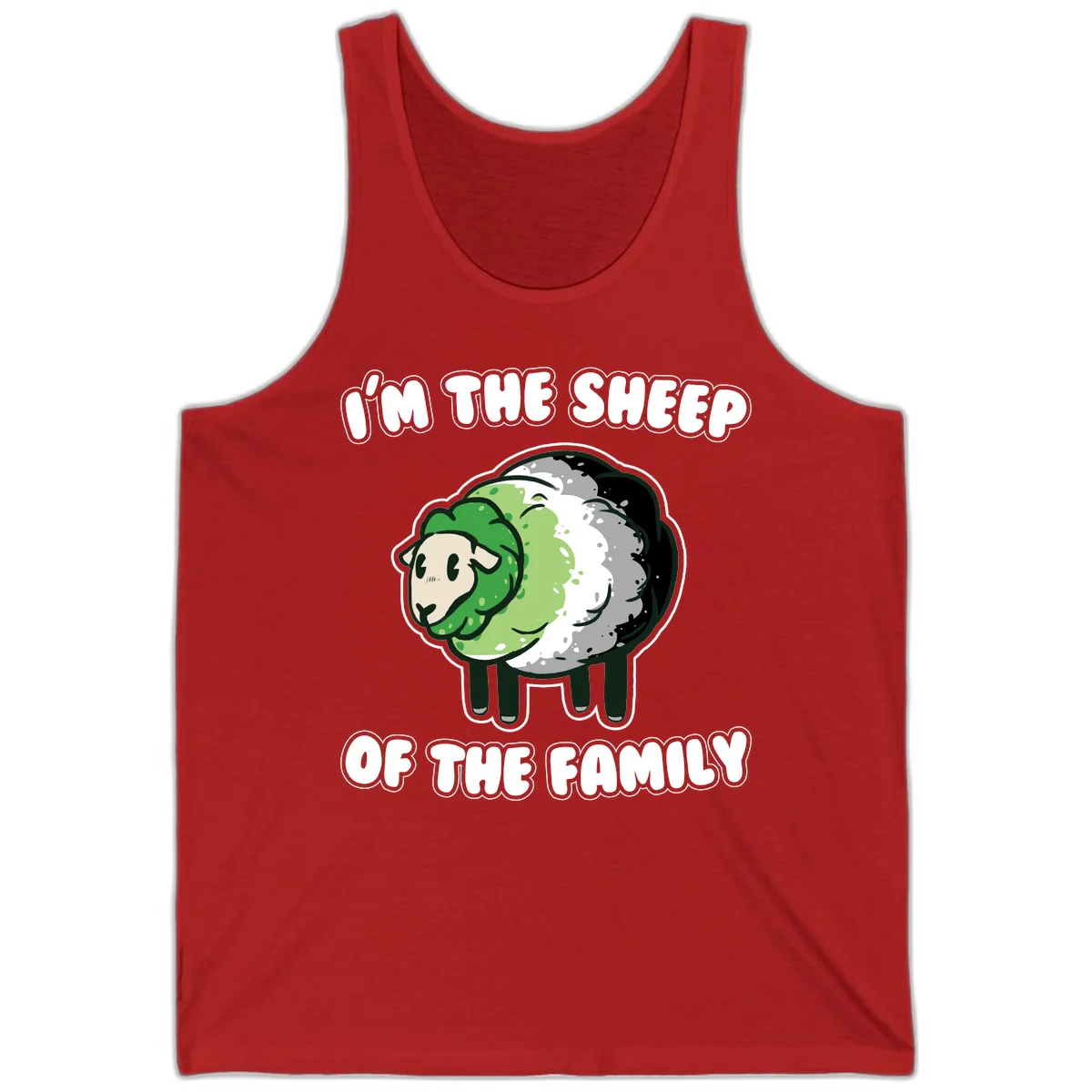 Cartoon sheep with fluffy multi-colored wool and cute face, with text reading 'I'm the sheep of the family' in Red
