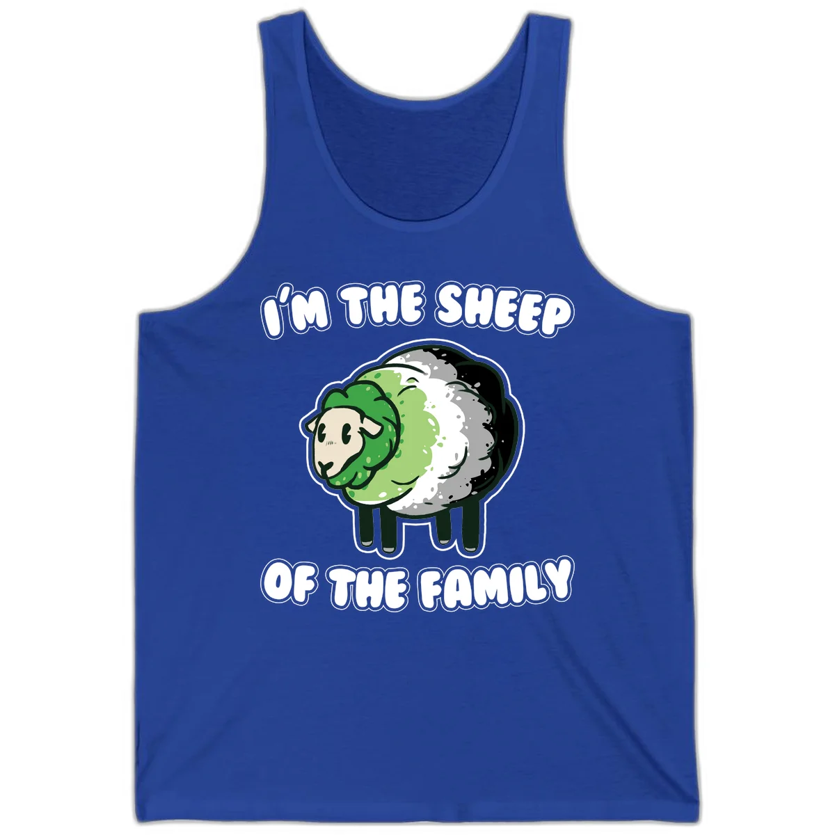 Cartoon sheep with fluffy multi-colored wool and cute face, with text reading 'I'm the sheep of the family' in True Royal