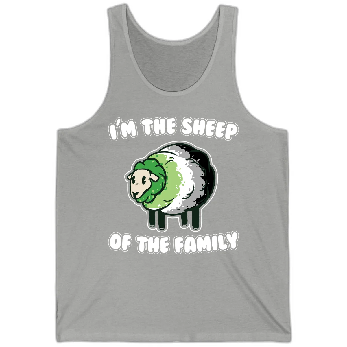 Cartoon sheep with fluffy multi-colored wool and cute face, with text reading 'I'm the sheep of the family' in Athletic Heather