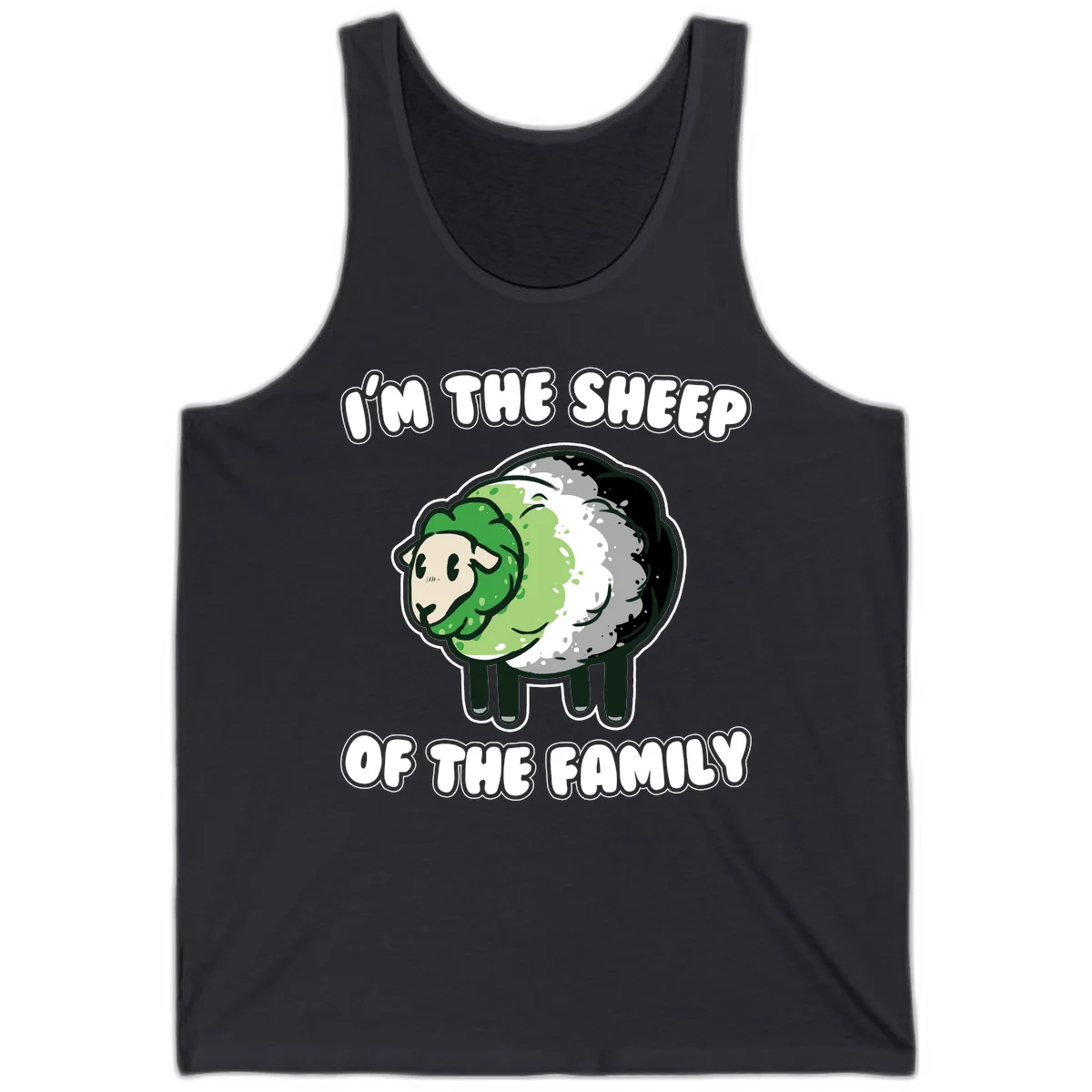 Cartoon sheep with fluffy multi-colored wool and cute face, with text reading 'I'm the sheep of the family' in Dark Grey