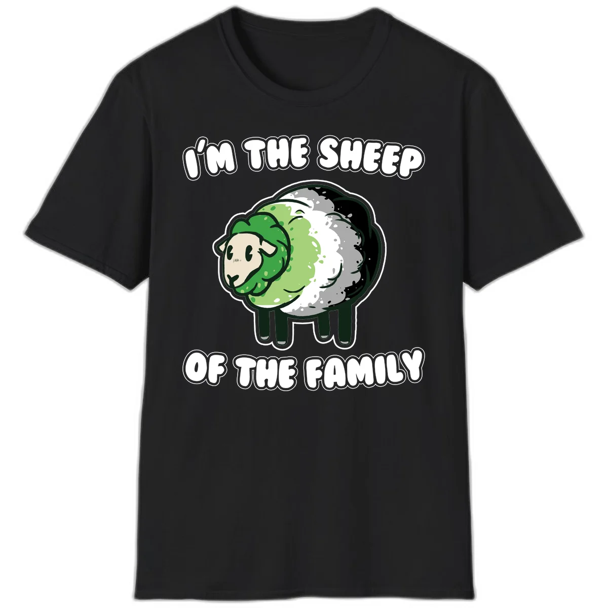 Cartoon sheep with fluffy multi-colored wool and cute face, with text reading 'I'm the sheep of the family' in Black
