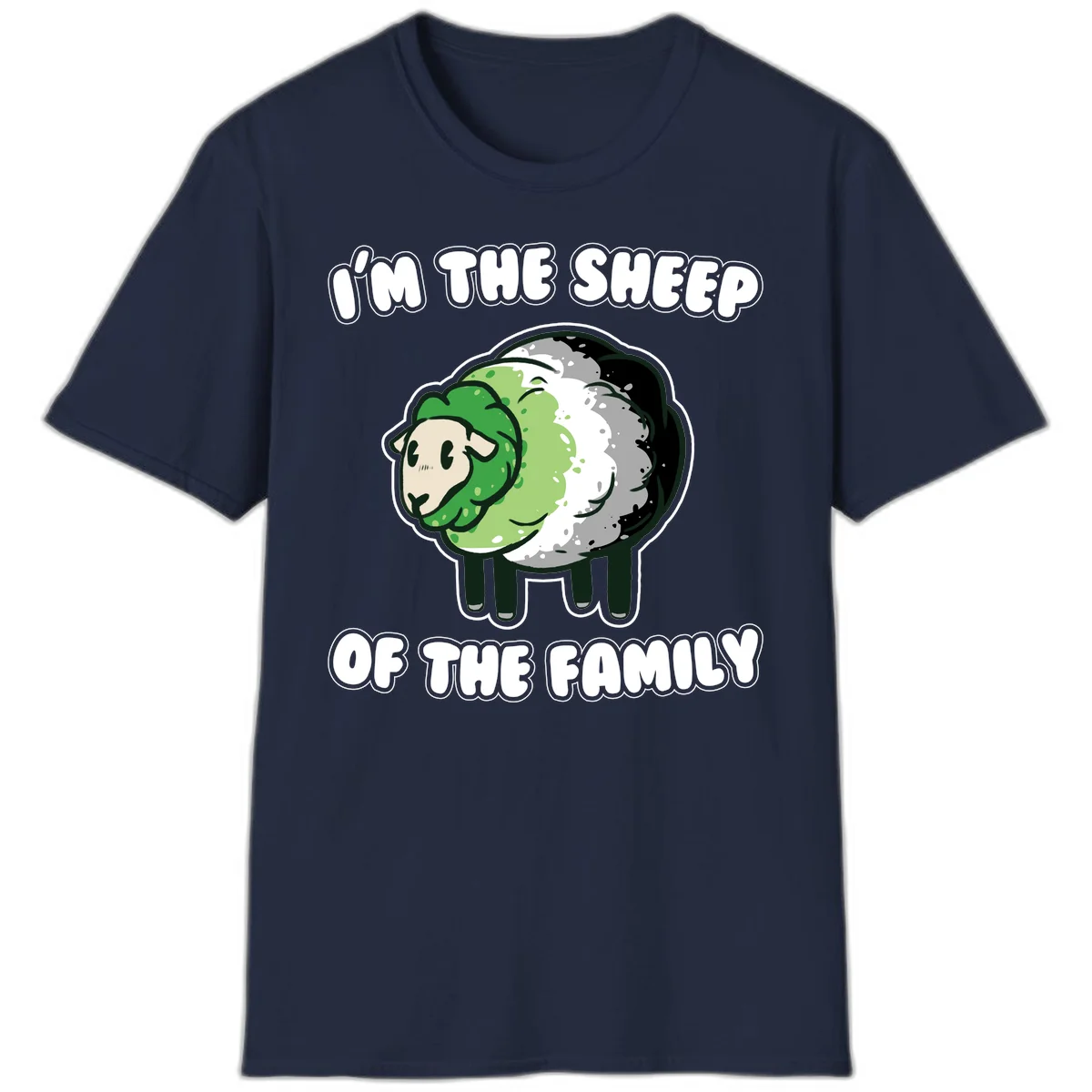 Cartoon sheep with fluffy multi-colored wool and cute face, with text reading 'I'm the sheep of the family' in Navy