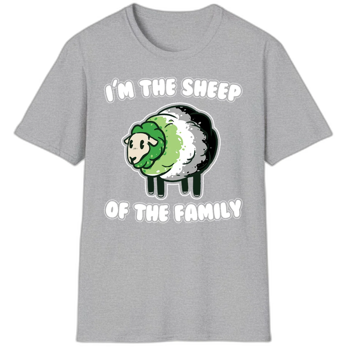 Cartoon sheep with fluffy multi-colored wool and cute face, with text reading 'I'm the sheep of the family' in Sport Grey