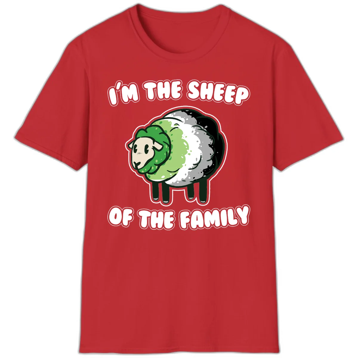Cartoon sheep with fluffy multi-colored wool and cute face, with text reading 'I'm the sheep of the family' in Red