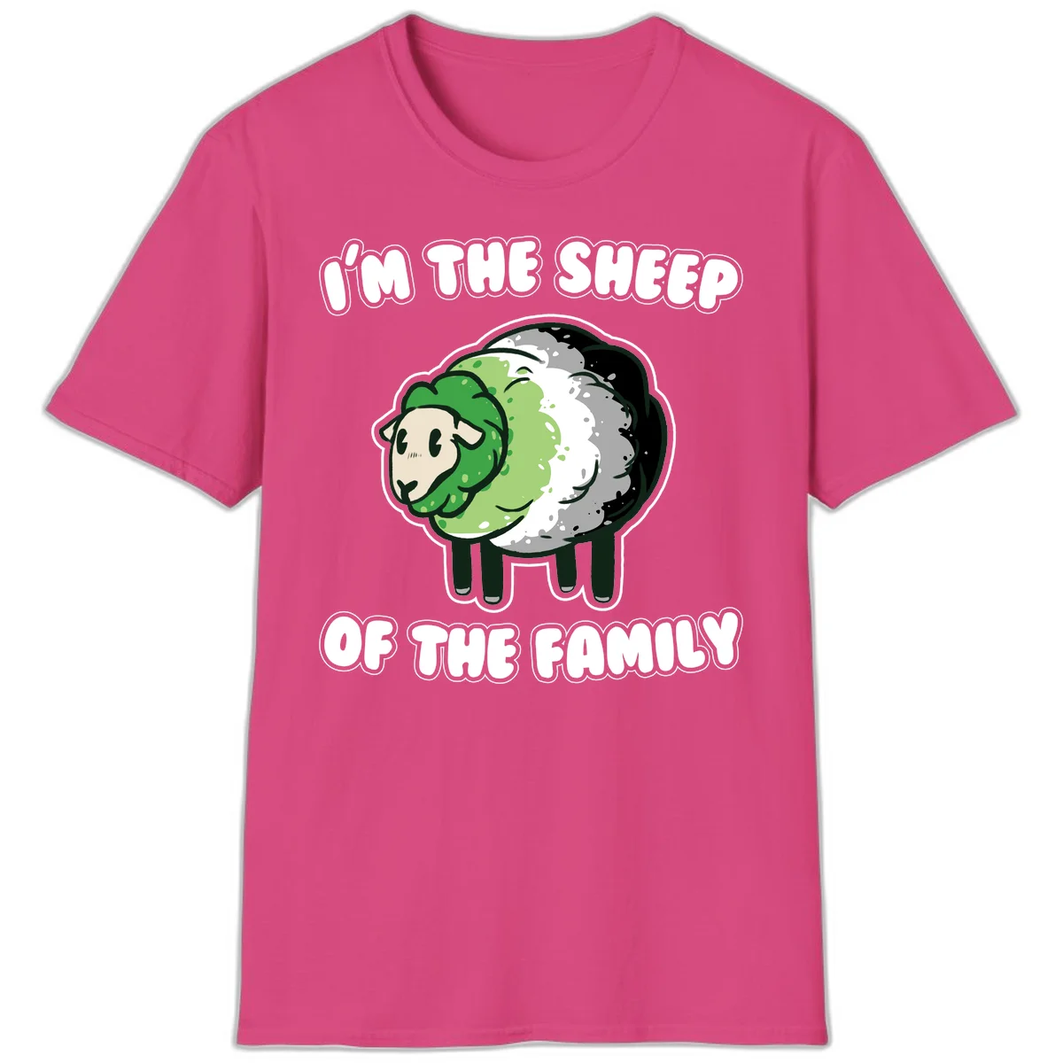 Cartoon sheep with fluffy multi-colored wool and cute face, with text reading 'I'm the sheep of the family' in Heliconia