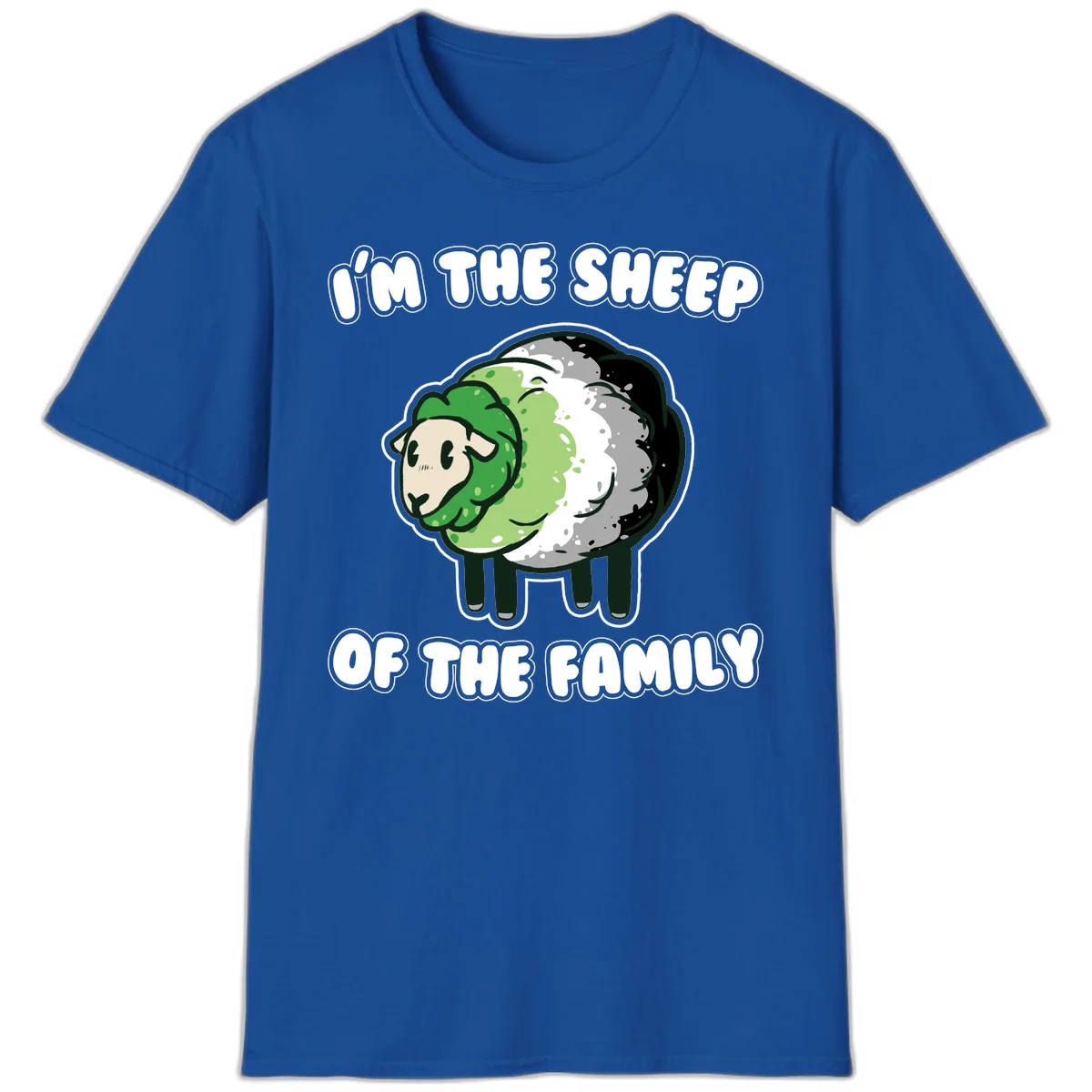 Cartoon sheep with fluffy multi-colored wool and cute face, with text reading 'I'm the sheep of the family' in Royal