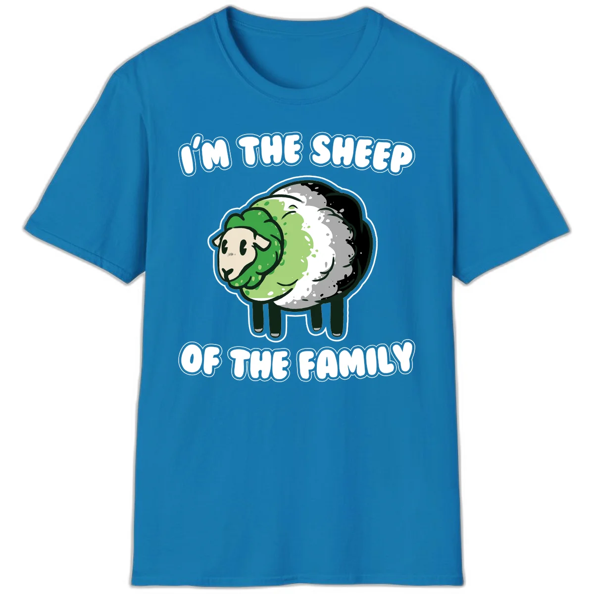 Cartoon sheep with fluffy multi-colored wool and cute face, with text reading 'I'm the sheep of the family' in Sapphire