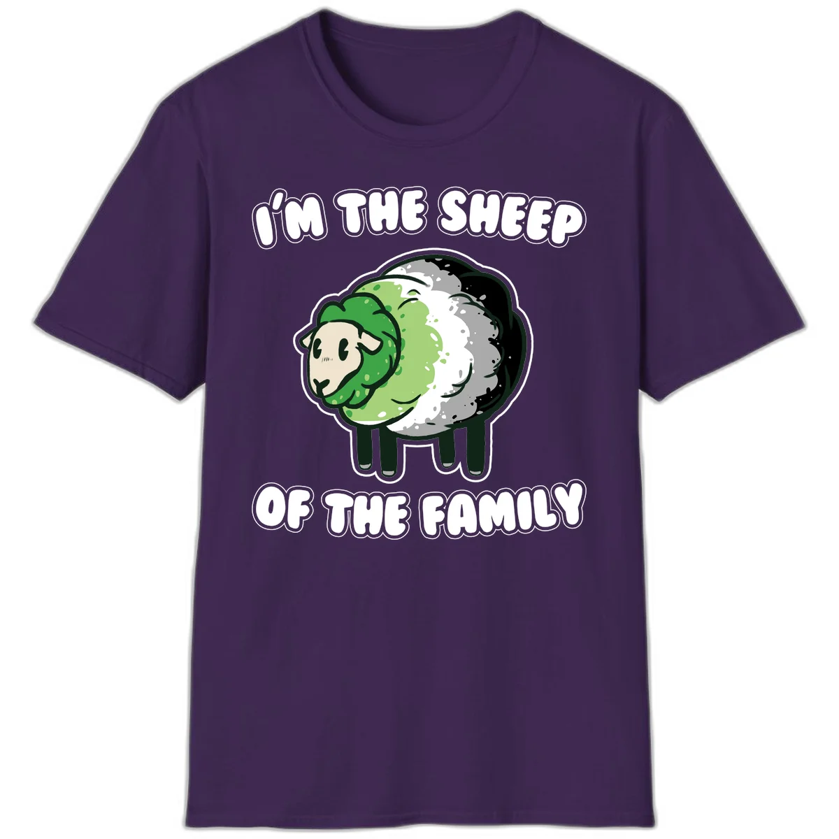 Cartoon sheep with fluffy multi-colored wool and cute face, with text reading 'I'm the sheep of the family' in Purple