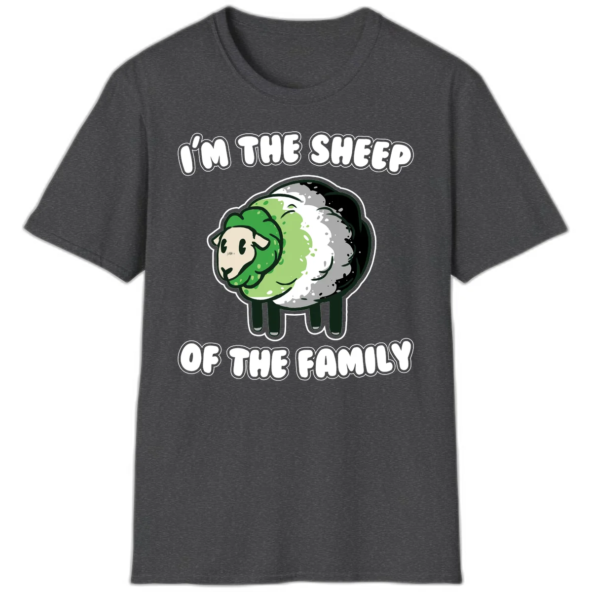 Cartoon sheep with fluffy multi-colored wool and cute face, with text reading 'I'm the sheep of the family' in Dark Heather