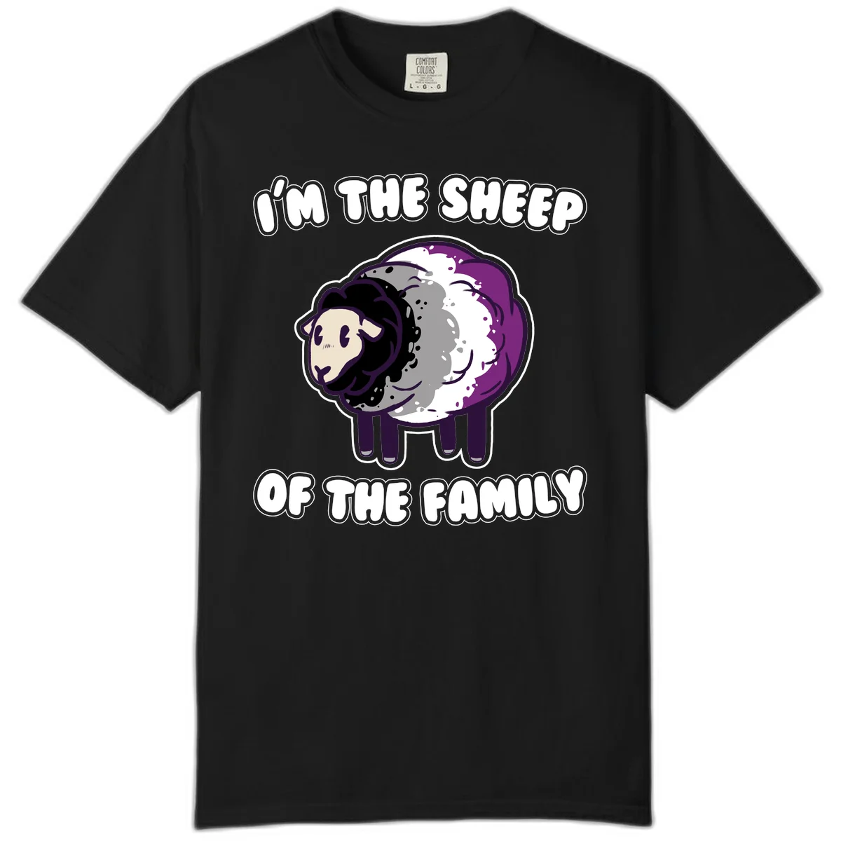 Cartoon purple and white sheep with text 'I'm the sheep of the family' - humorous family dynamic design in Black