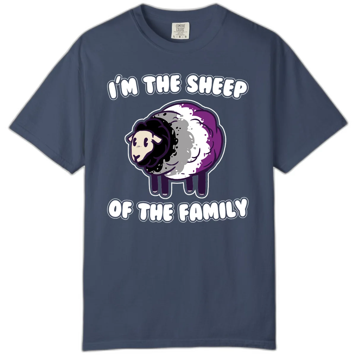 Cartoon purple and white sheep with text 'I'm the sheep of the family' - humorous family dynamic design in Midnight