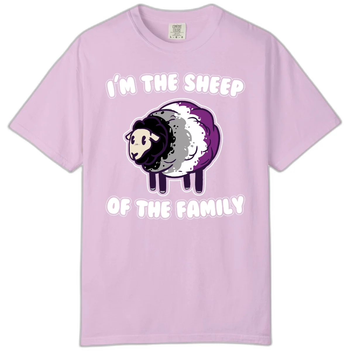 Cartoon purple and white sheep with text 'I'm the sheep of the family' - humorous family dynamic design in Orchid