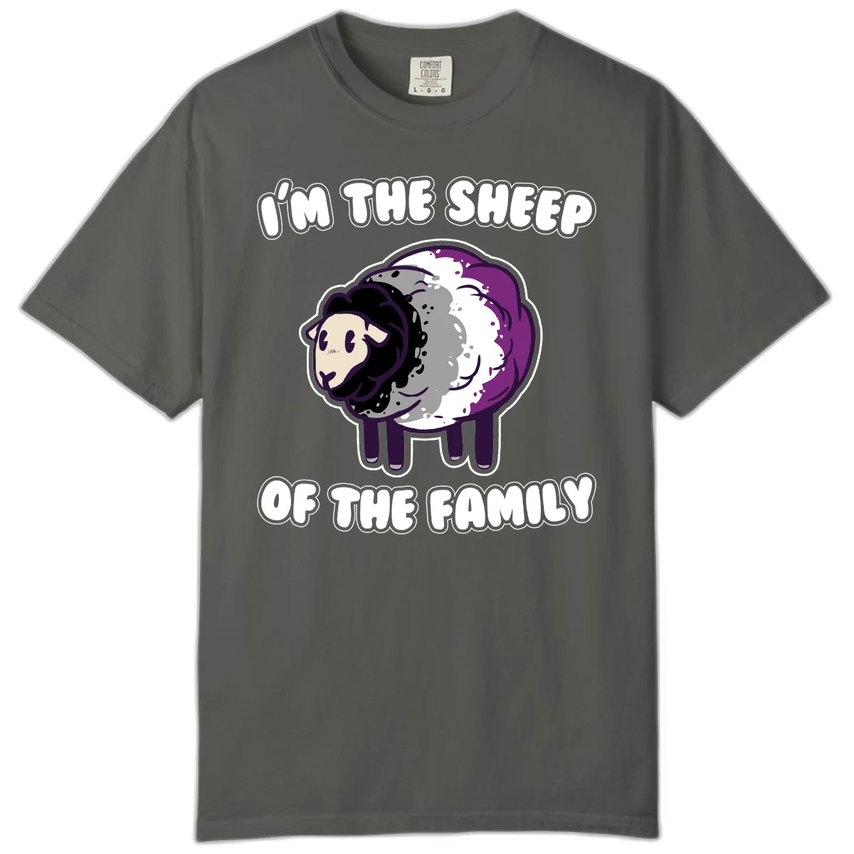 Cartoon purple and white sheep with text 'I'm the sheep of the family' - humorous family dynamic design in Pepper