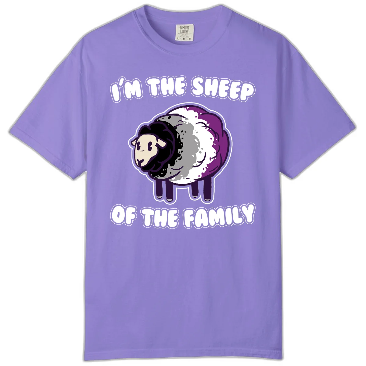 Cartoon purple and white sheep with text 'I'm the sheep of the family' - humorous family dynamic design in Violet
