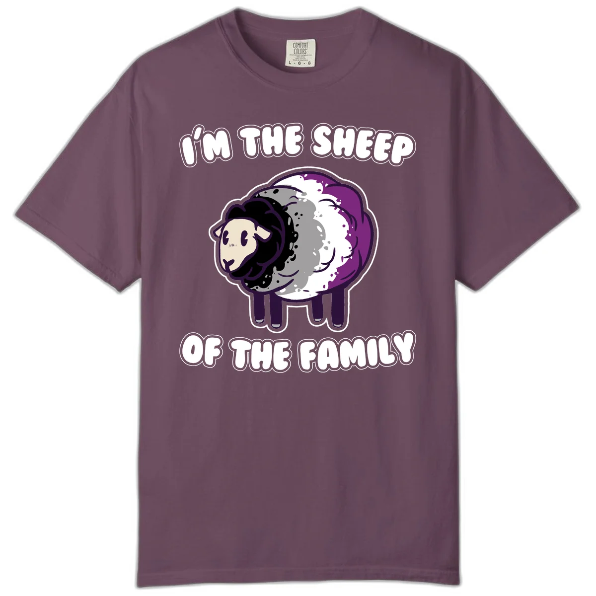 Cartoon purple and white sheep with text 'I'm the sheep of the family' - humorous family dynamic design in Berry
