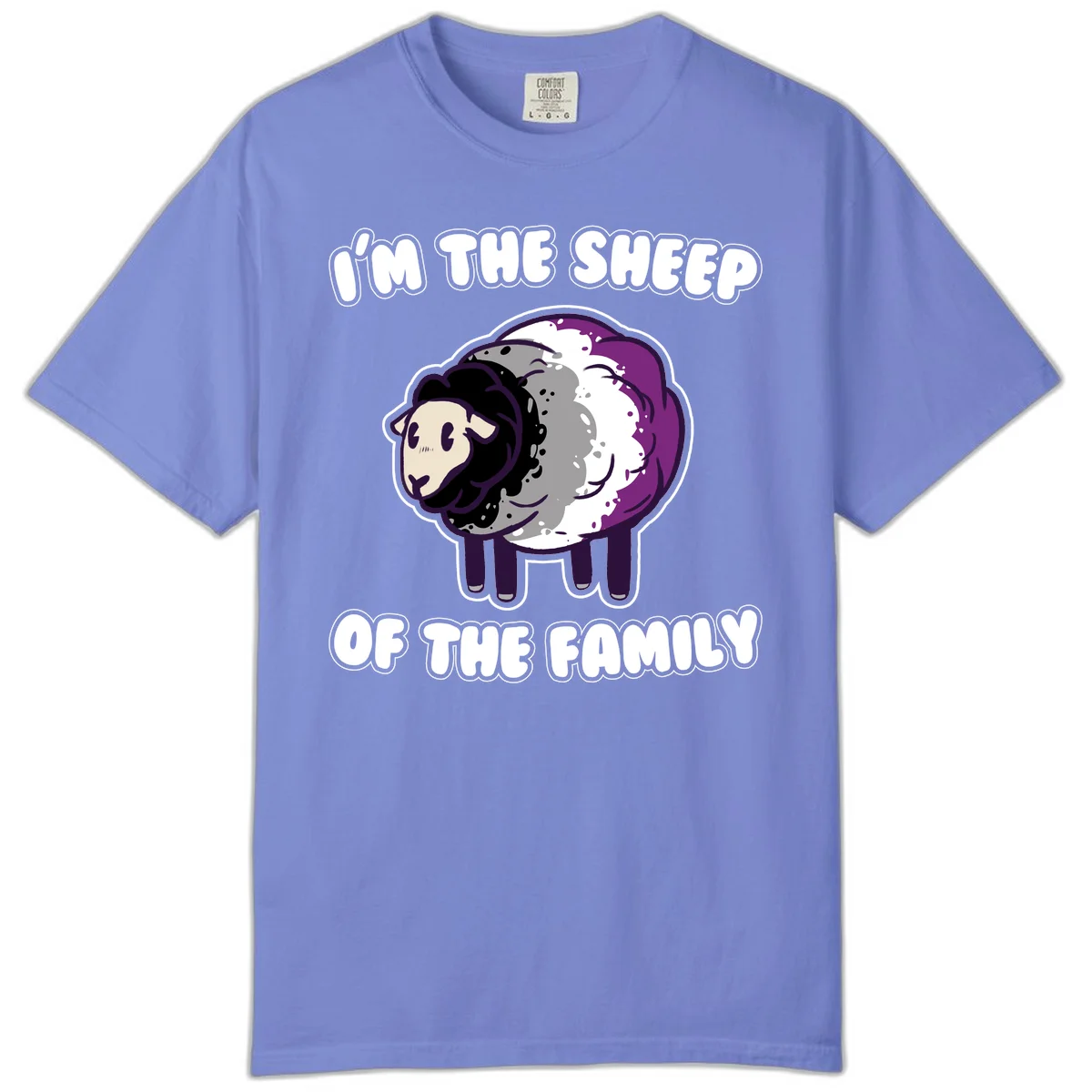 Cartoon purple and white sheep with text 'I'm the sheep of the family' - humorous family dynamic design in Flo Blue