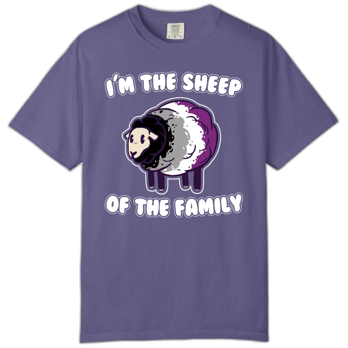 Cartoon purple and white sheep with text 'I'm the sheep of the family' - humorous family dynamic design in Grape
