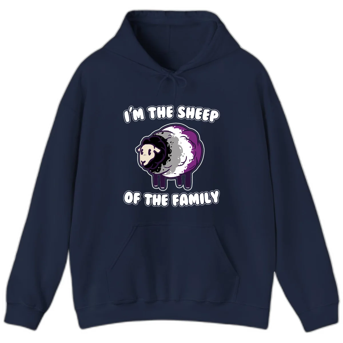Cartoon purple and white sheep with text 'I'm the sheep of the family' - humorous family dynamic design in Navy