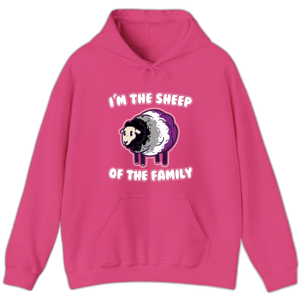 Cartoon purple and white sheep with text 'I'm the sheep of the family' - humorous family dynamic design in Heliconia