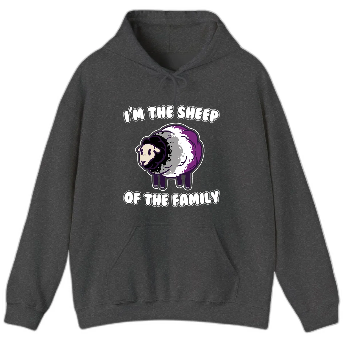 Cartoon purple and white sheep with text 'I'm the sheep of the family' - humorous family dynamic design in Dark Heather